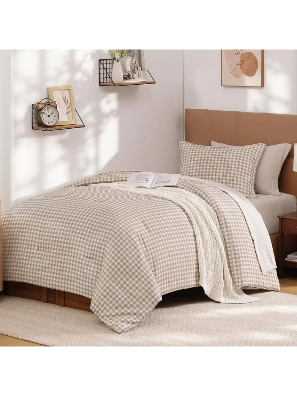 Cozy Tan Gingham Queen Comforter Set | Brown Checkered Plaid Bedding Essentials